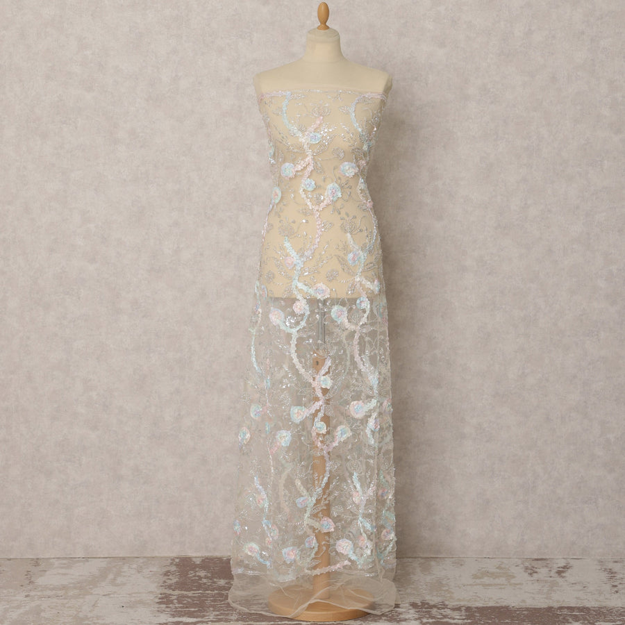 Ivory Embroidered Nylon Tulle Fabric with Sequins – 135 Cms Wide, 3.5 Mtrs, Made in India-D22341