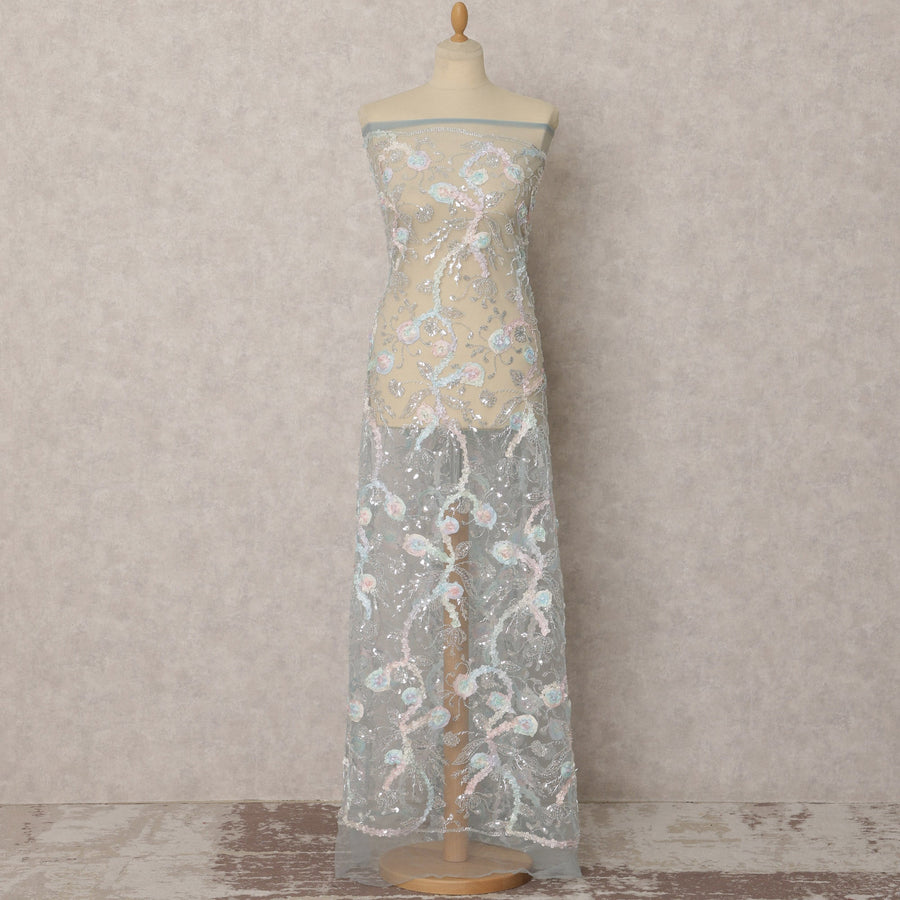 Soft Blue Embroidered Nylon Tulle Fabric with Sequins – 135 Cms Wide, 3.5 Mtrs, Made in India-D22344