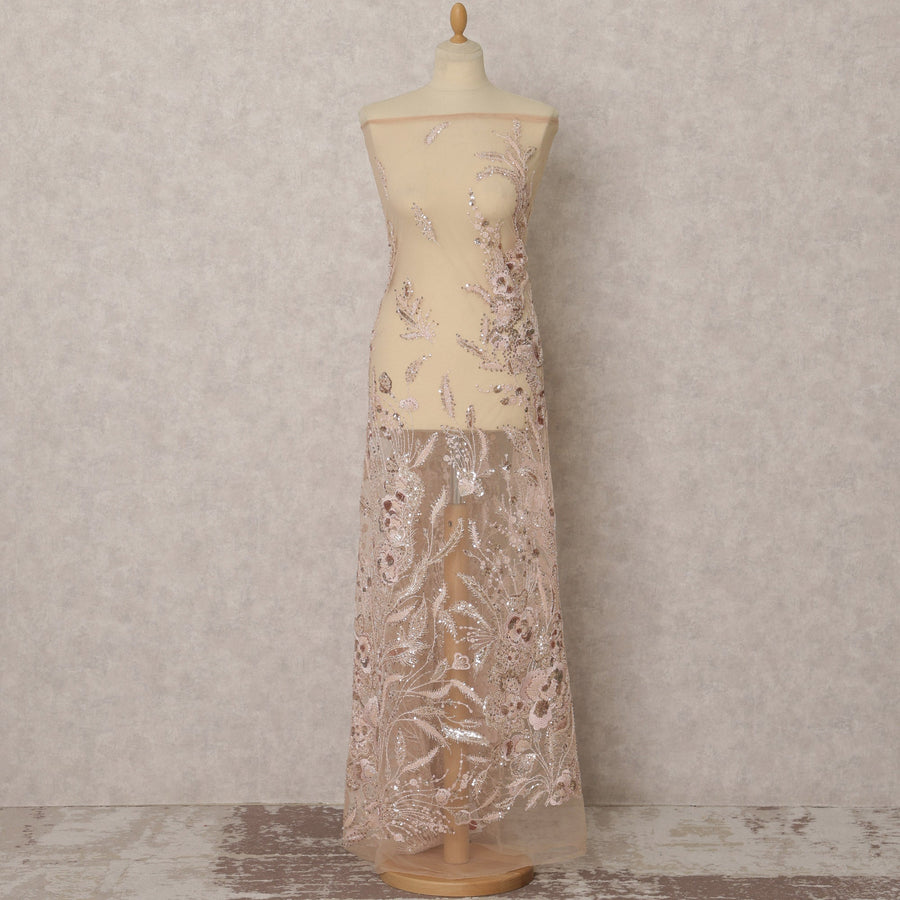 Dusty Rose Embroidered Nylon Tulle Fabric with Sequins – 135 Cms Wide, 3.5 Mtrs, Taiwan-D22345