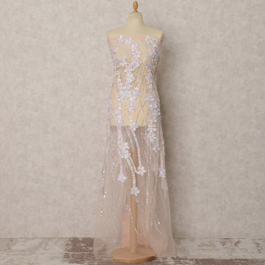 Blush Peach Embroidered Nylon Tulle Fabric with 3D Floral Sequins – 135 Cms Wide, 3.5 Mtrs, India-D22346