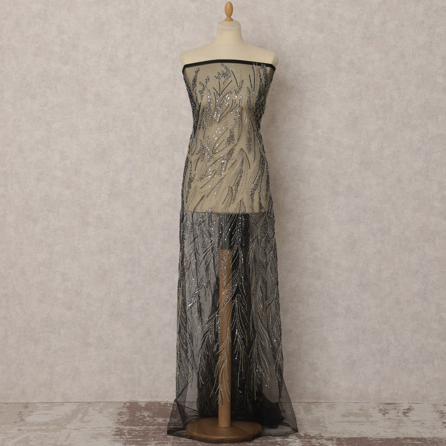 Black Embroidered Nylon Tulle Fabric with Sequin Detailing – 135 Cms Wide, 3.5 Mtrs, China-D22347