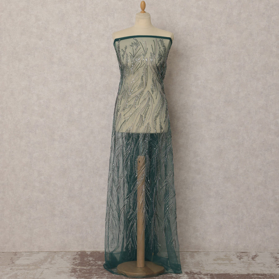 Emerald Green Embroidered Nylon Tulle Fabric with Sequin Work – 135 Cms Wide, 3.5 Mtrs, China-D22348