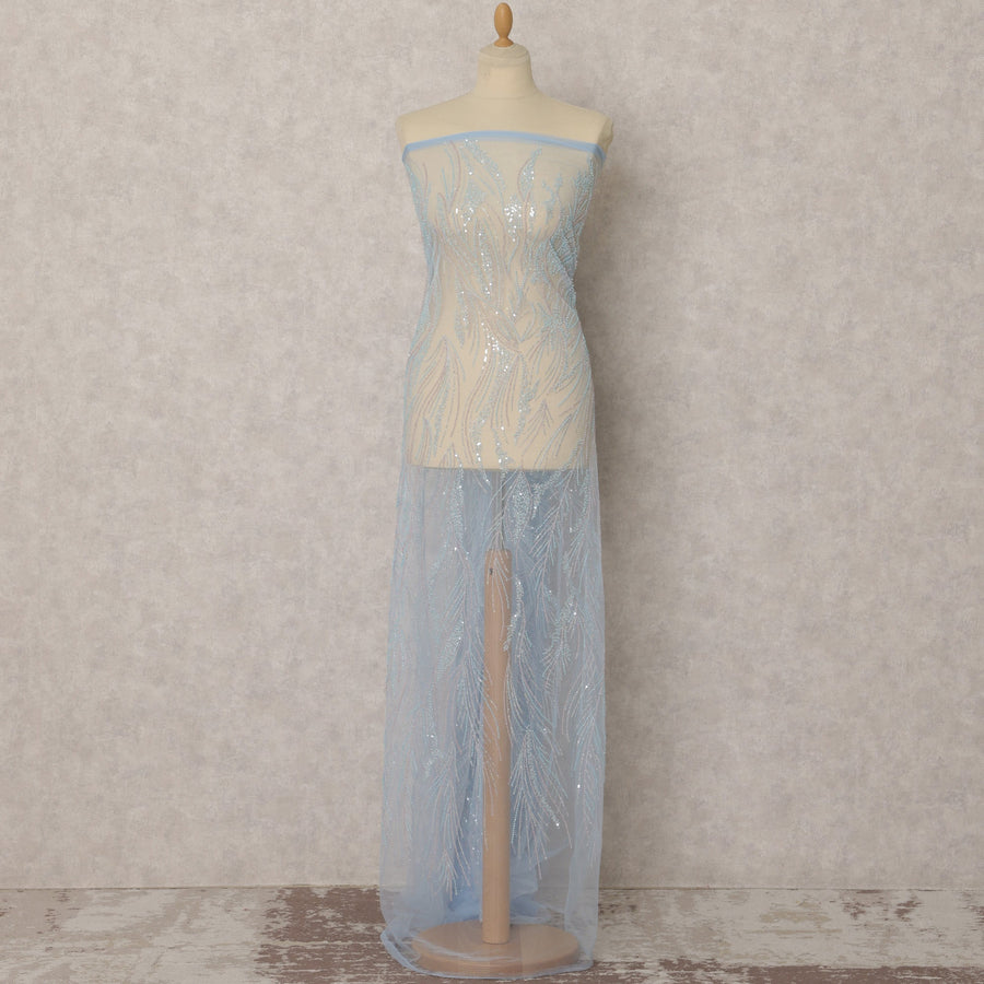 Sky Blue Embroidered Nylon Tulle Fabric with Sequin Work – 135 Cms Wide, 3.5 Mtrs, China-D22349