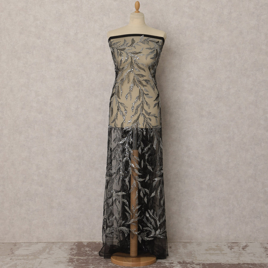 Black Embroidered Nylon Tulle Fabric with Sequin Detailing – 135 Cms Wide, 3.5 Mtrs, China-D22350