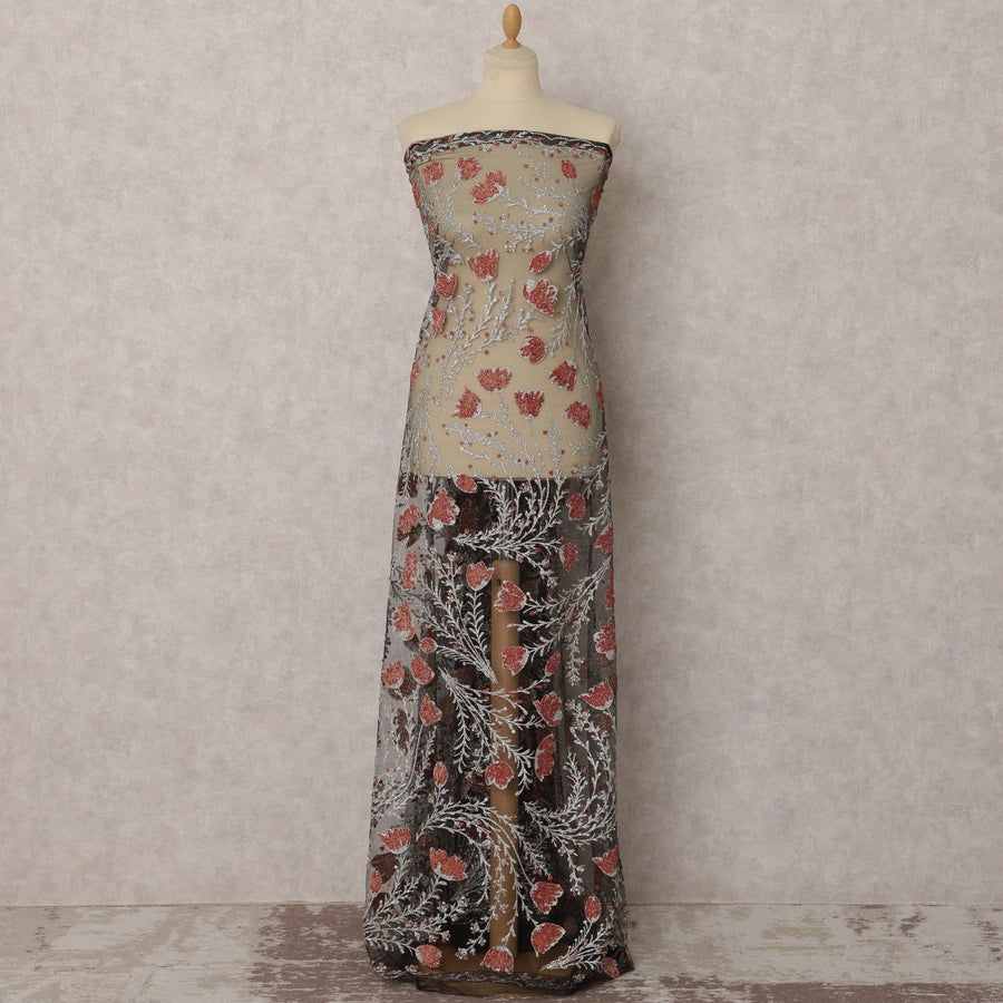 Black and Red Floral Embroidered Nylon Tulle Fabric – 135 Cms Wide, 3.5 Mtrs, Turkey-D22351