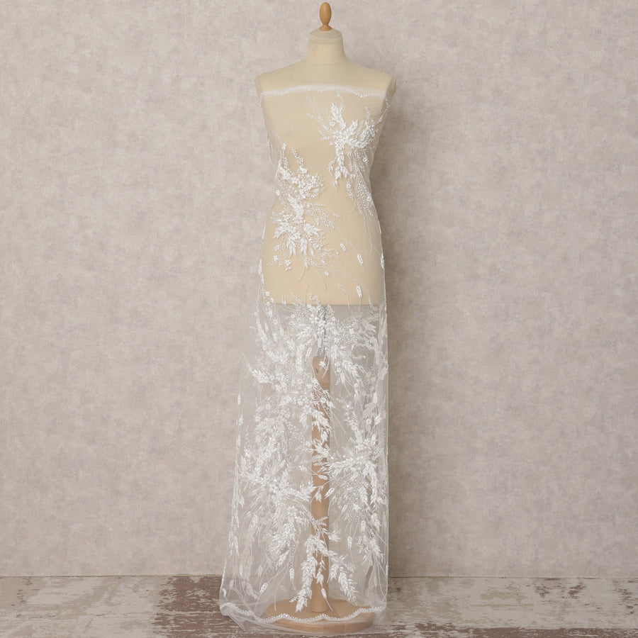White Floral Embroidered Nylon Tulle Fabric – 135 Cms Wide, 3.5 Mtrs, Turkey-D22352