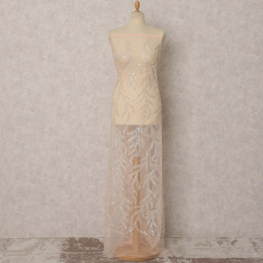 Nude Peach Embroidered Nylon Tulle Fabric with Sequin Leaf Design – 135 Cms Wide, 3.5 Mtrs, Made in China-D22353