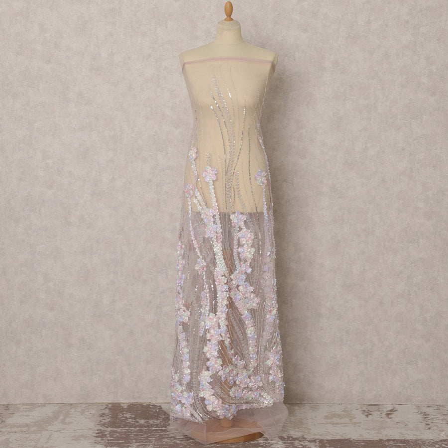 Blush Pink 3D Floral Embroidered Nylon Tulle Fabric with Sequins, 3.5 Mtrs, 135 Cms, India-D22354
