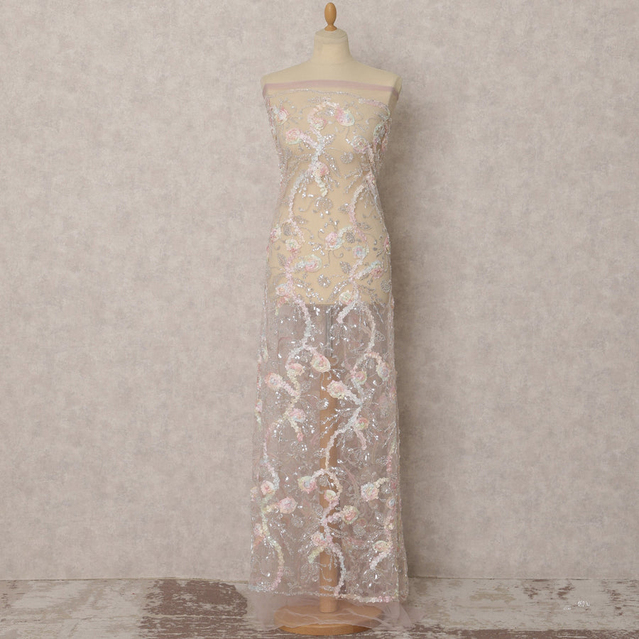 Blush Pink Floral Embroidered Nylon Tulle Fabric with Sequins, 3.5 Mtrs, 135 Cms, India-D22355