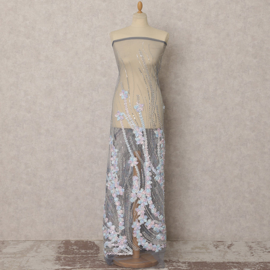 Grey Floral Embroidered Nylon Tulle Fabric with Sequins, 3.5 Mtrs, 135 Cms, India-D22356