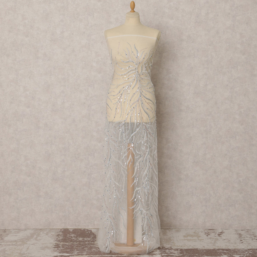 White Embroidered Nylon Tulle Fabric with Sequin & Beadwork, 3.5 Mtrs, 135 Cms, China-D22357