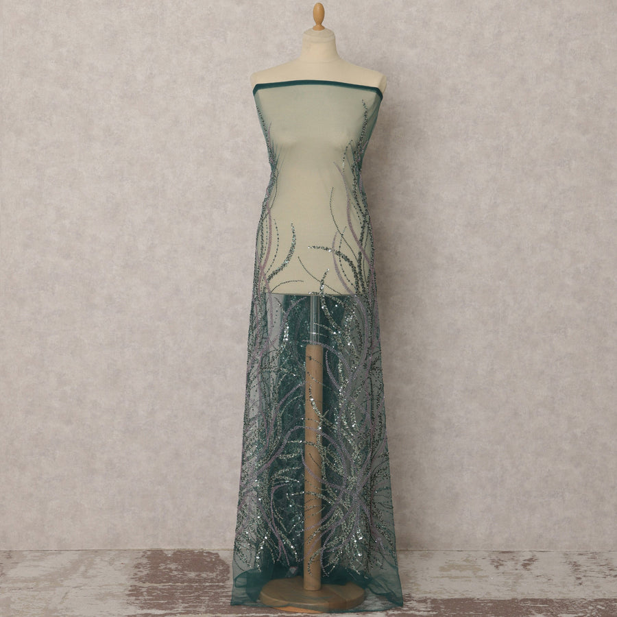 قماش نايلون تول مطرز باللون الأخضر الداكن مع تطريز بالترتر، 3.5 متر، 135 سم، الصين - D22358