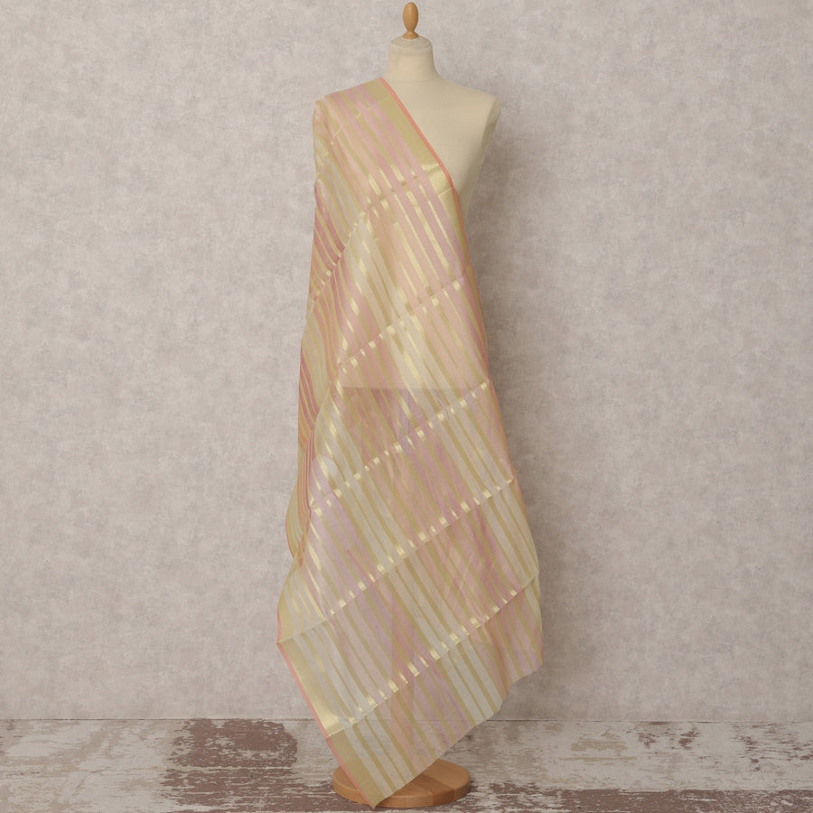 Beige and Pink Striped Woven Synthetic Organza Dupatta, 250X80 Cms, India-D22359