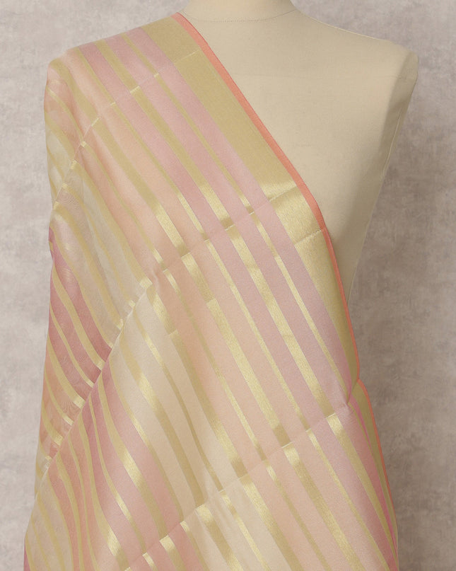 Beige and Pink Striped Woven Synthetic Organza Dupatta, 250X80 Cms, India-D22359