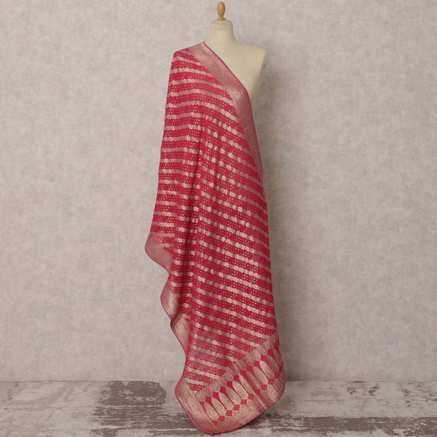 Rich Red & Gold Striped Synthetic Organza Dupatta, Festive Sheer Stole, 250X85 CMS, India-D22361