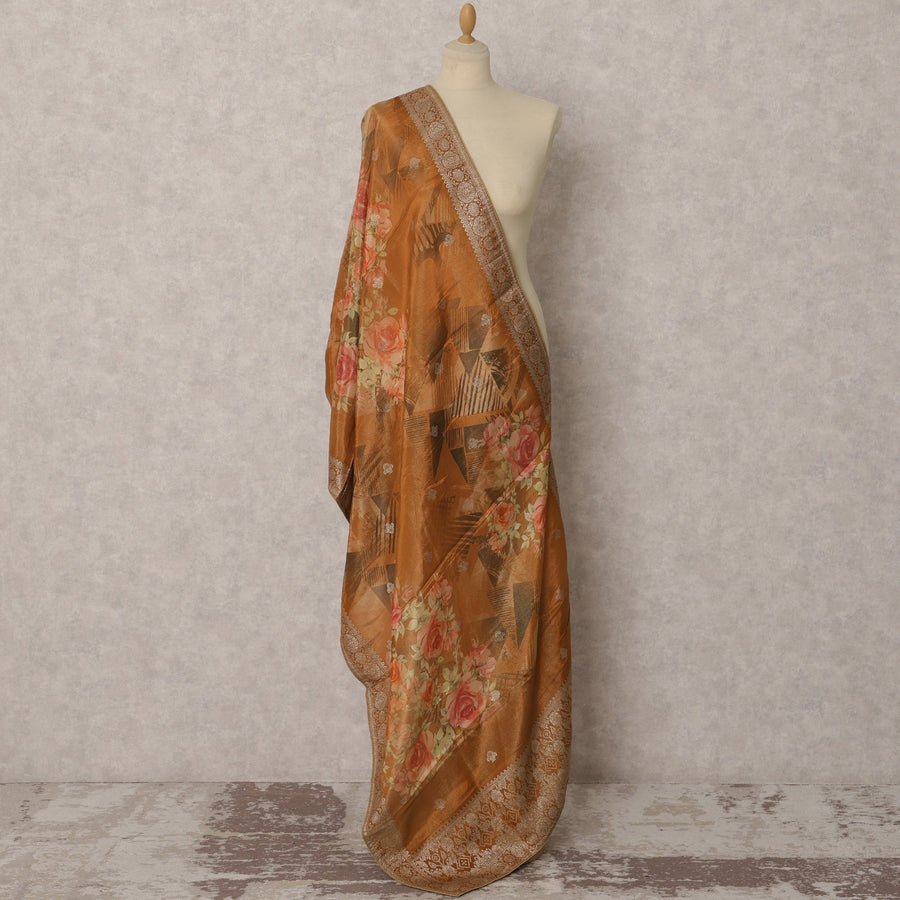 Warm Caramel Floral & Geometric Synthetic Brocade Dupatta, Embellished Ethnic Stole, 225X80 CMS, India-D22362