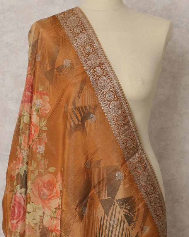 Warm Caramel Floral & Geometric Synthetic Brocade Dupatta, Embellished Ethnic Stole, 225X80 CMS, India-D22362