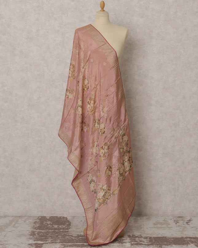 Dusty Rose Floral & Gold Woven Synthetic Brocade Dupatta, Elegant Festive Stole, 225X80 CMS, India-D22366 Regal Fabrics