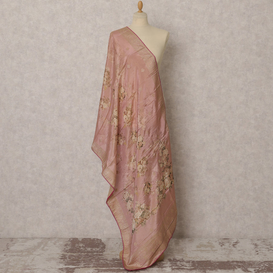 Dusty Rose Floral & Gold Woven Synthetic Brocade Dupatta, Elegant Festive Stole, 225X80 CMS, India-D22366