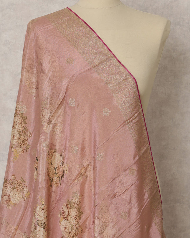 Dusty Rose Floral & Gold Woven Synthetic Brocade Dupatta, Elegant Festive Stole, 225X80 CMS, India-D22366 Regal Fabrics