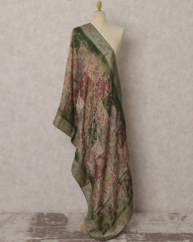 Deep Green & Multicolor Patchwork Synthetic Brocade Dupatta, Ornate Ethnic Stole, 215X80 CMS, India-D22367 Regal Fabrics
