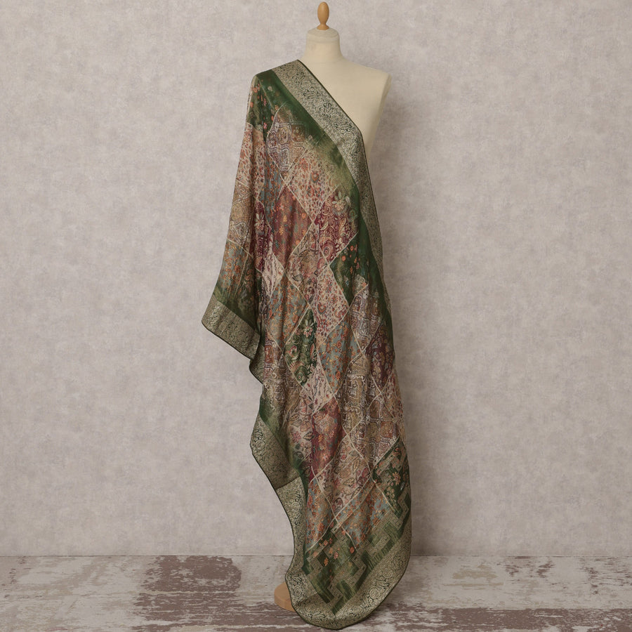 Deep Green & Multicolor Patchwork Synthetic Brocade Dupatta, Ornate Ethnic Stole, 215X80 CMS, India-D22367