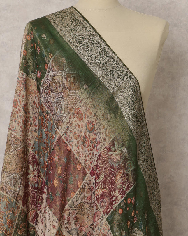 Deep Green & Multicolor Patchwork Synthetic Brocade Dupatta, Ornate Ethnic Stole, 215X80 CMS, India-D22367 Regal Fabrics