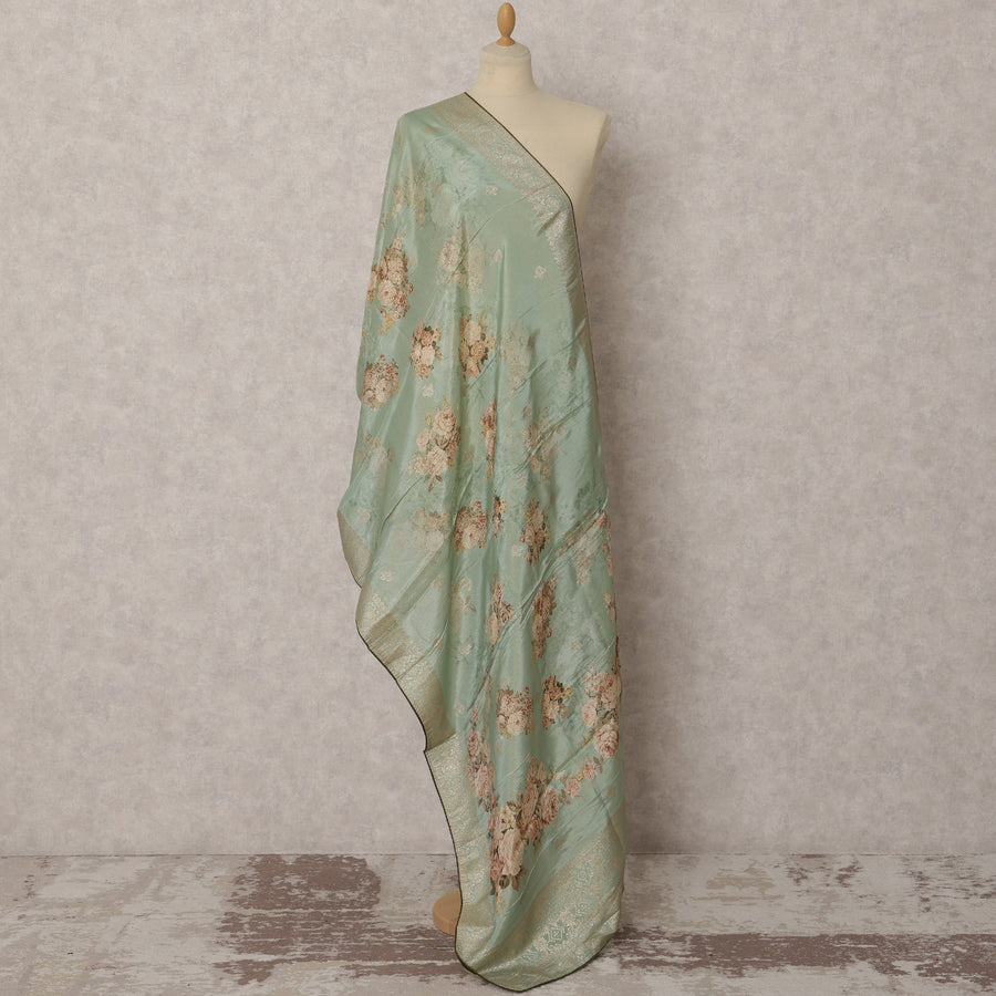 Pastel Green Floral & Gold Woven Synthetic Brocade Dupatta, Elegant Ethnic Stole, 225X80 CMS, India-D22370