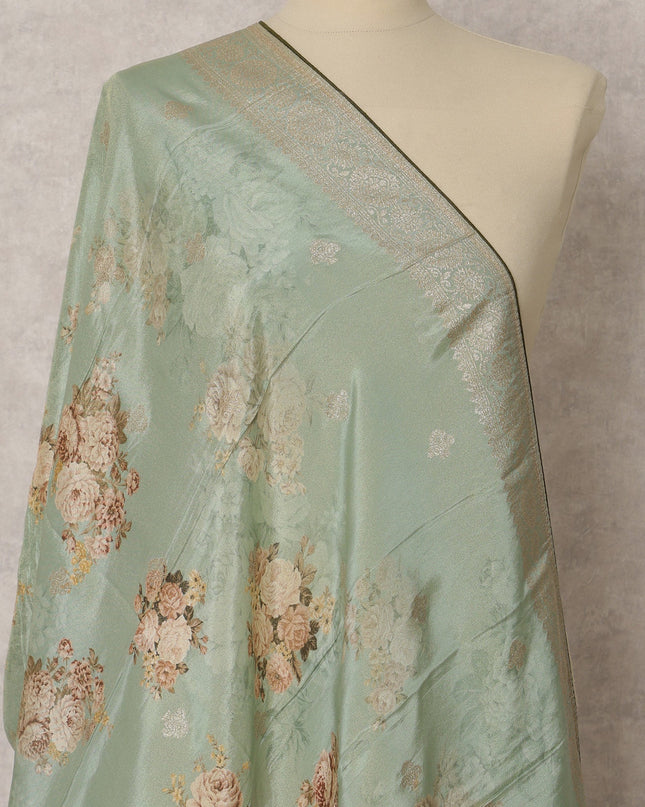 Pastel Green Floral & Gold Woven Synthetic Brocade Dupatta, Elegant Ethnic Stole, 225X80 CMS, India-D22370 Regal Fabrics