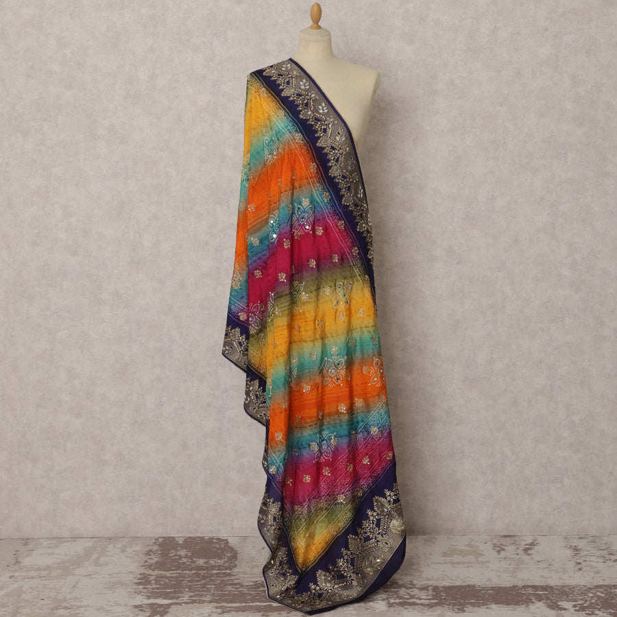 Navy Blue Multicolor Bandhani & Embroidered Premium Chiffon Dupatta, Festive Ethnic Stole, 230X85 CMS, India-D22372