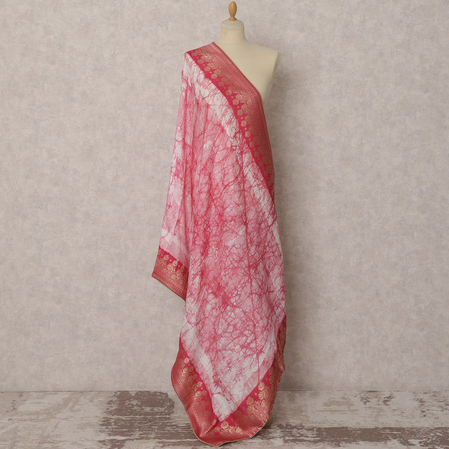 Pink & White Tie-Dye Synthetic Brocade Dupatta, Gold Woven Ethnic Stole, 220X95 CMS, India-D22374