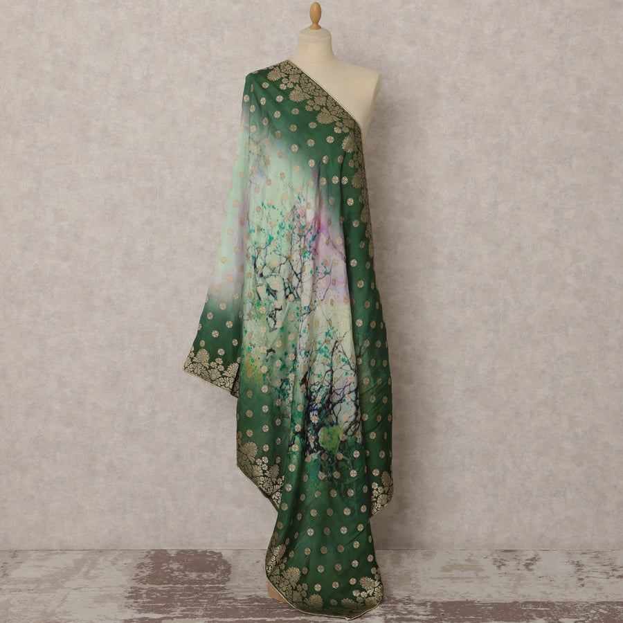 Deep Green Ombre & Gold Woven Synthetic Brocade Dupatta, Elegant Ethnic Stole, 230X95 CMS, India-D22375