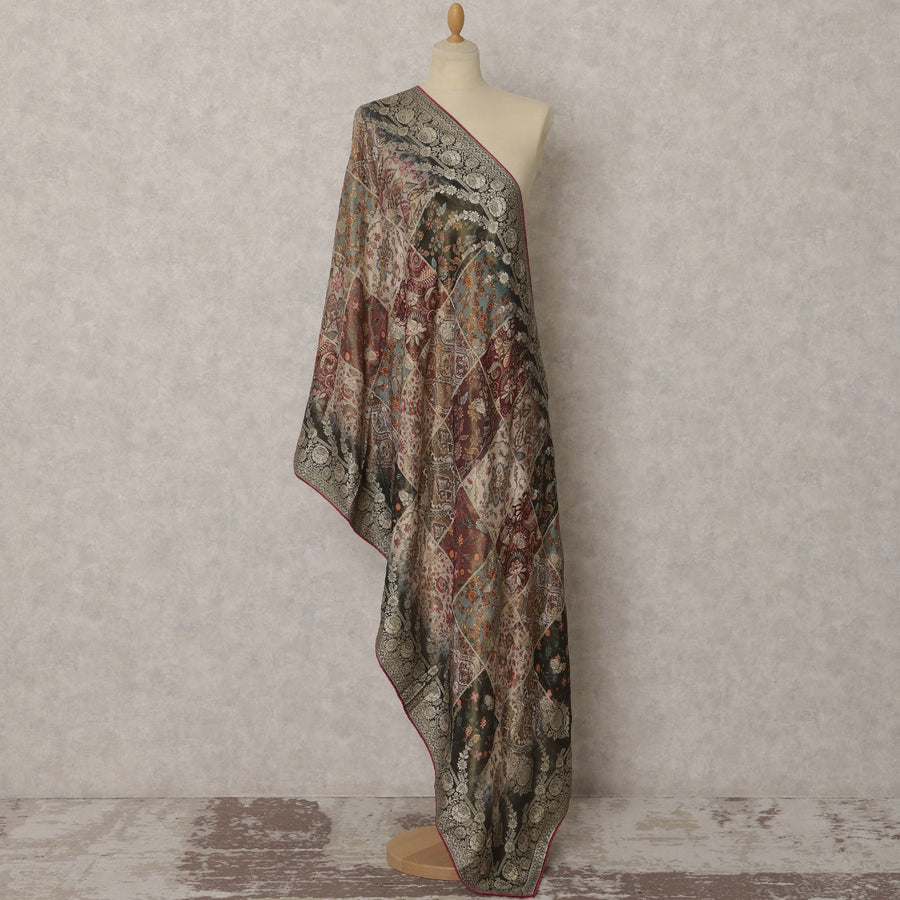 Multicolor Patchwork & Gold Woven Synthetic Brocade Dupatta, Elegant Ethnic Stole, 220X80 CMS, India-D22376