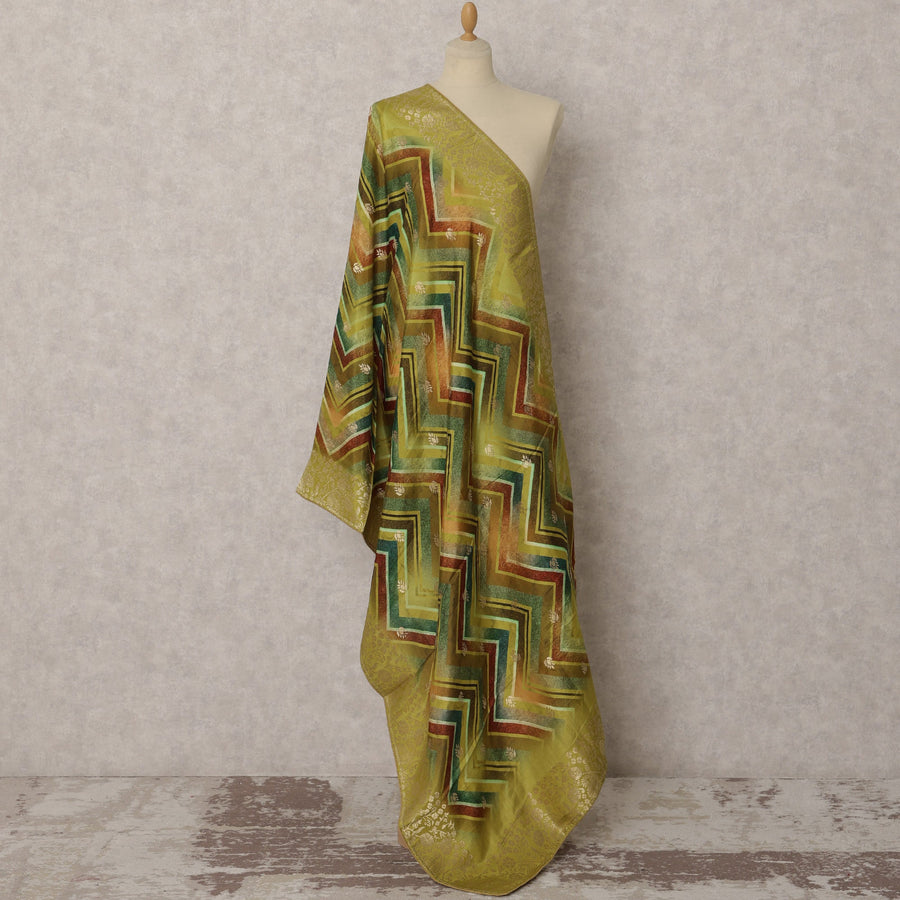 Olive Green Chevron & Gold Woven Synthetic Brocade Dupatta, Elegant Ethnic Stole, 225X90 CMS, India-D22377
