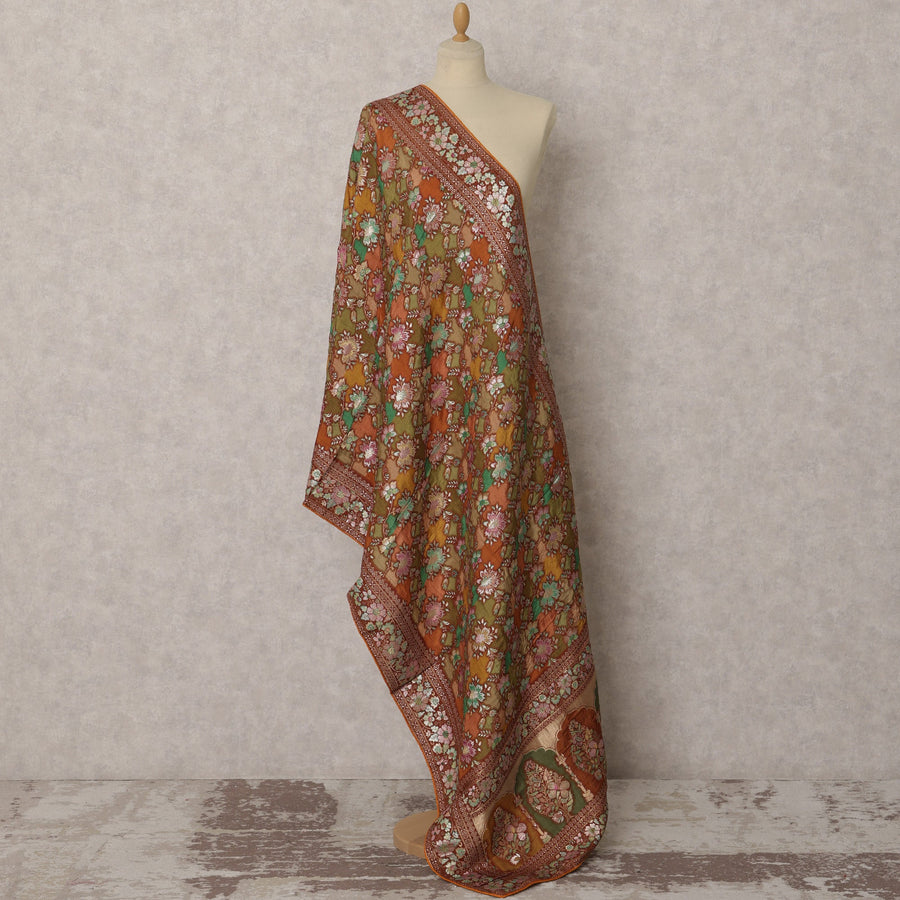 Rust & Olive Floral Woven Synthetic Brocade Dupatta, Elegant Ethnic Stole, 240X80 CMS, India-D22378