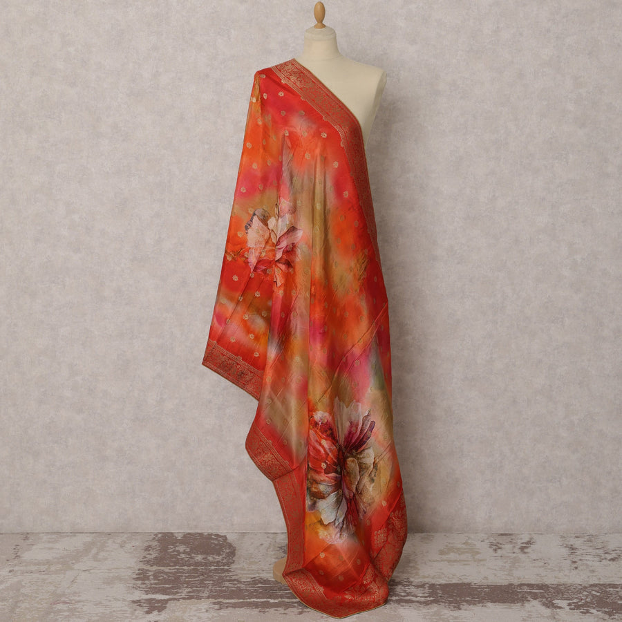 Fiery Red & Multicolor Floral Printed Synthetic Brocade Dupatta, Gold Woven Ethnic Stole, 225X85 CMS, India-D22380