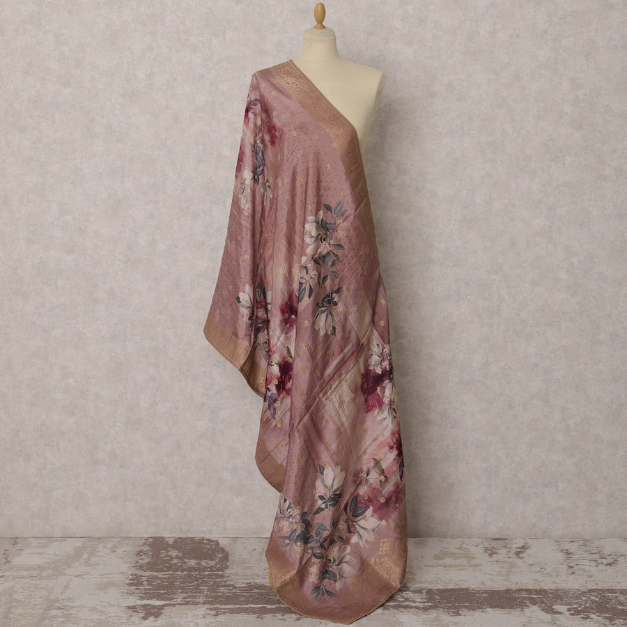 Dusty Mauve Floral Printed & Gold Woven Synthetic Brocade Dupatta, Elegant Ethnic Stole, 225X85 CMS, India-D22381