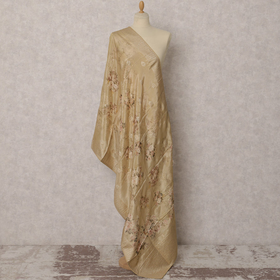 Gold Floral Printed & Woven Synthetic Brocade Dupatta, Elegant Ethnic Stole, 235X80 CMS, India-D22383