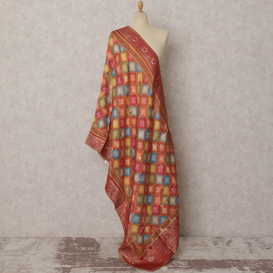 Red & Multicolor Checkered Woven Synthetic Brocade Dupatta, Festive Ethnic Stole, 245X85 CMS, India-D22384