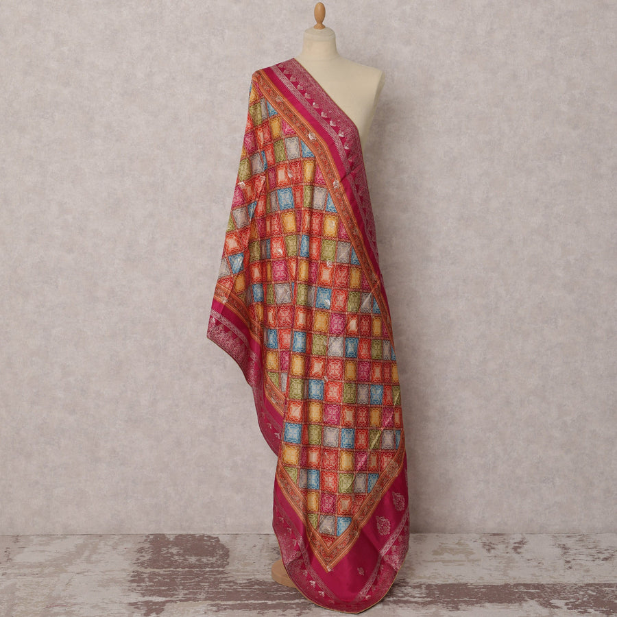 Pink & Multicolor Checkered Woven Synthetic Brocade Dupatta, Festive Ethnic Stole, 240X80 CMS, India-D22385