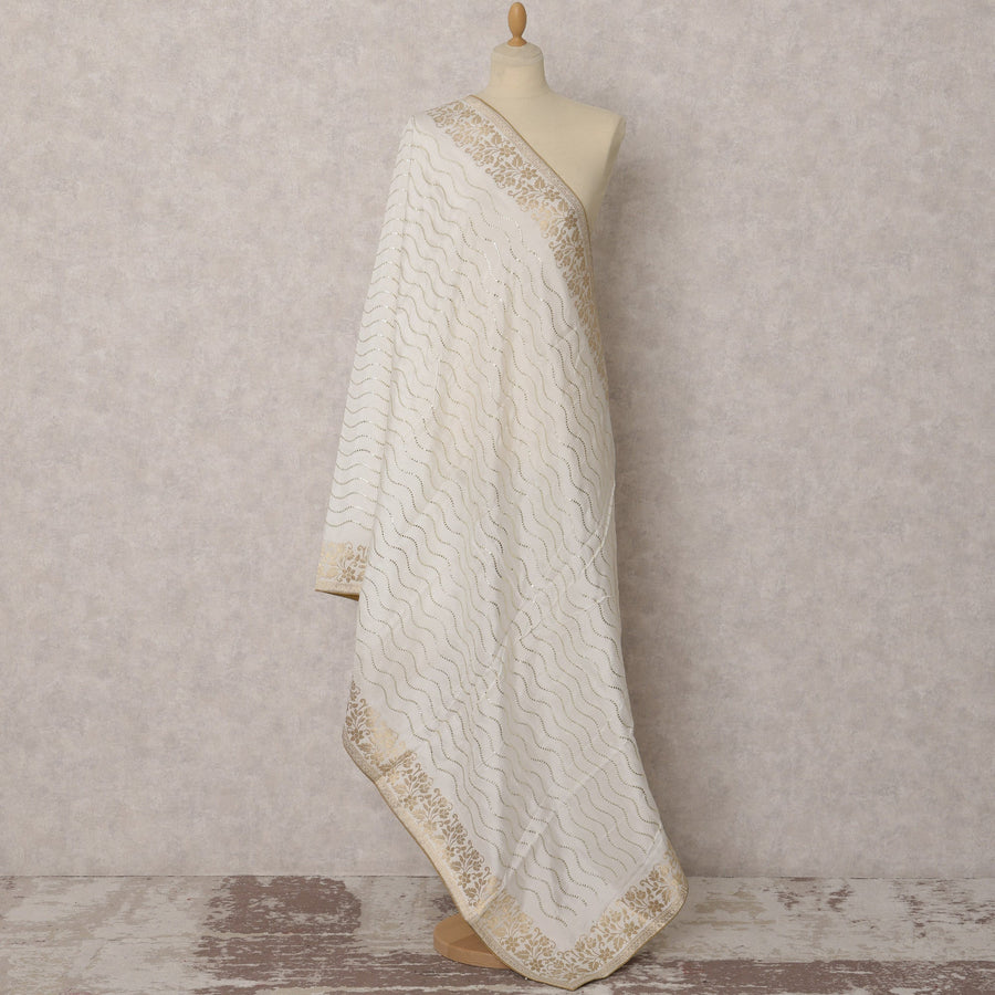 Ivory & Gold Wave Pattern Woven Synthetic Brocade Dupatta, Elegant Ethnic Stole, 225X95 CMS, India-D22388