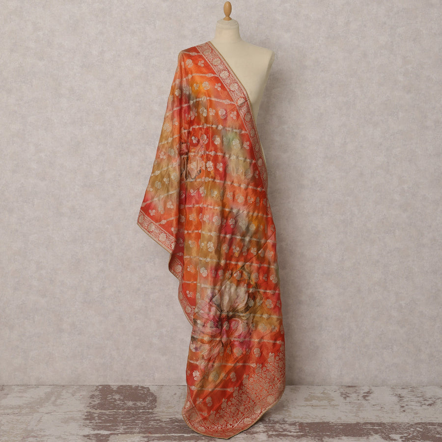 Orange & Multicolor Floral Woven Synthetic Brocade Dupatta, Elegant Ethnic Stole, 220X80 CMS, India-D22390