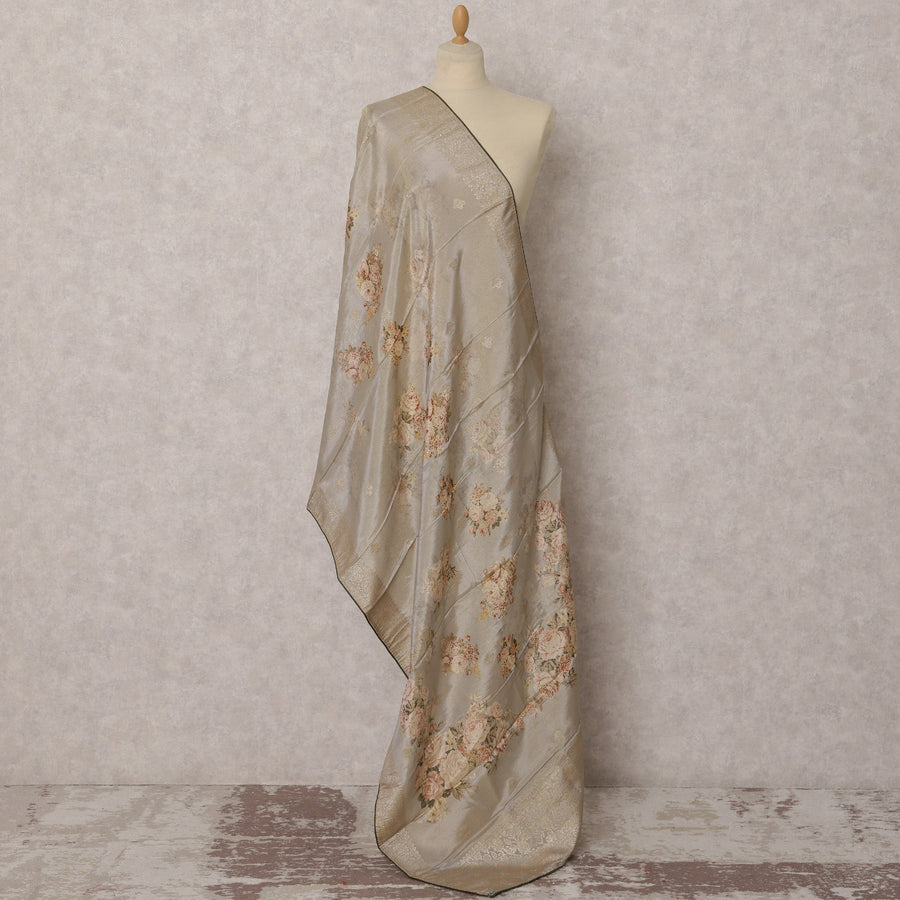 Grey & Pastel Floral Woven Synthetic Brocade Dupatta, Elegant Ethnic Stole, 220X80 CMS, India-D22392
