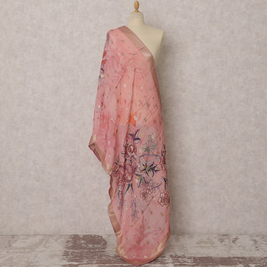 Pink & Multicolor Floral Embroidered Synthetic Brocade Dupatta, Elegant Ethnic Stole, 225X80 CMS, India-D22393