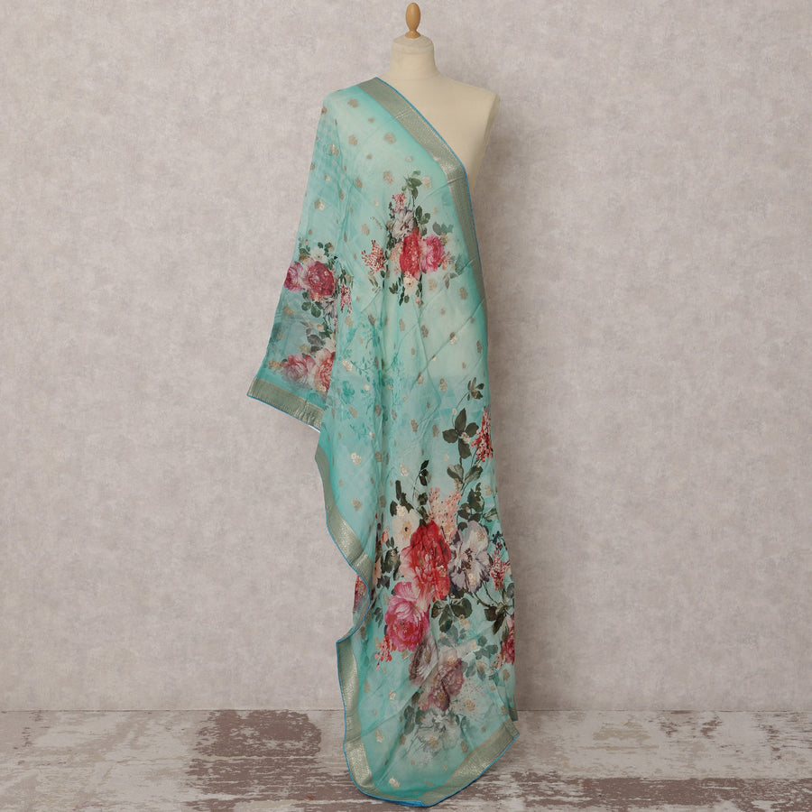 دوباتا من قماش بروكيد صناعي مطبوع عليه زهور باللون الأزرق المائي ومتعدد الألوان، شال عرقي أنيق، مقاس 225×80 سم، الهند - D22394