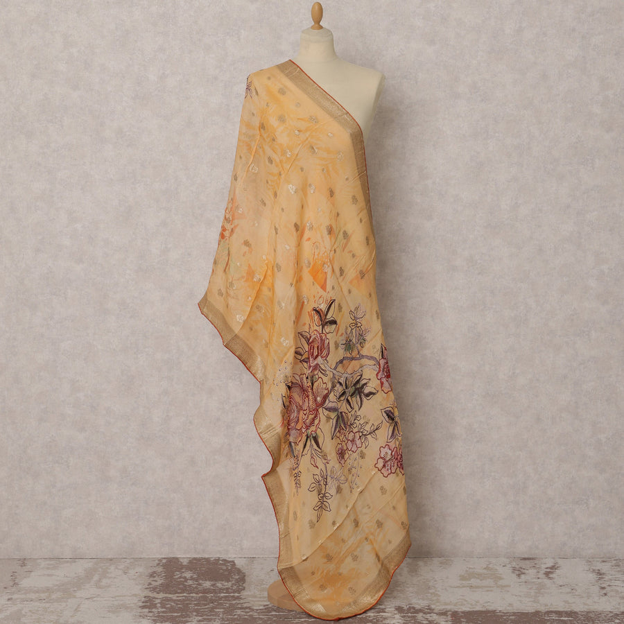 Golden Yellow & Multicolor Floral Embroidered Synthetic Brocade Dupatta, Elegant Ethnic Stole, 225X80 CMS, India-D22395