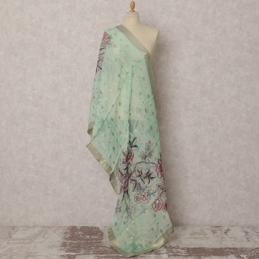 Light Green & Multicolor Floral Embroidered Synthetic Brocade Dupatta, Gold Zari Border, 225X80 CMS, India-D22396