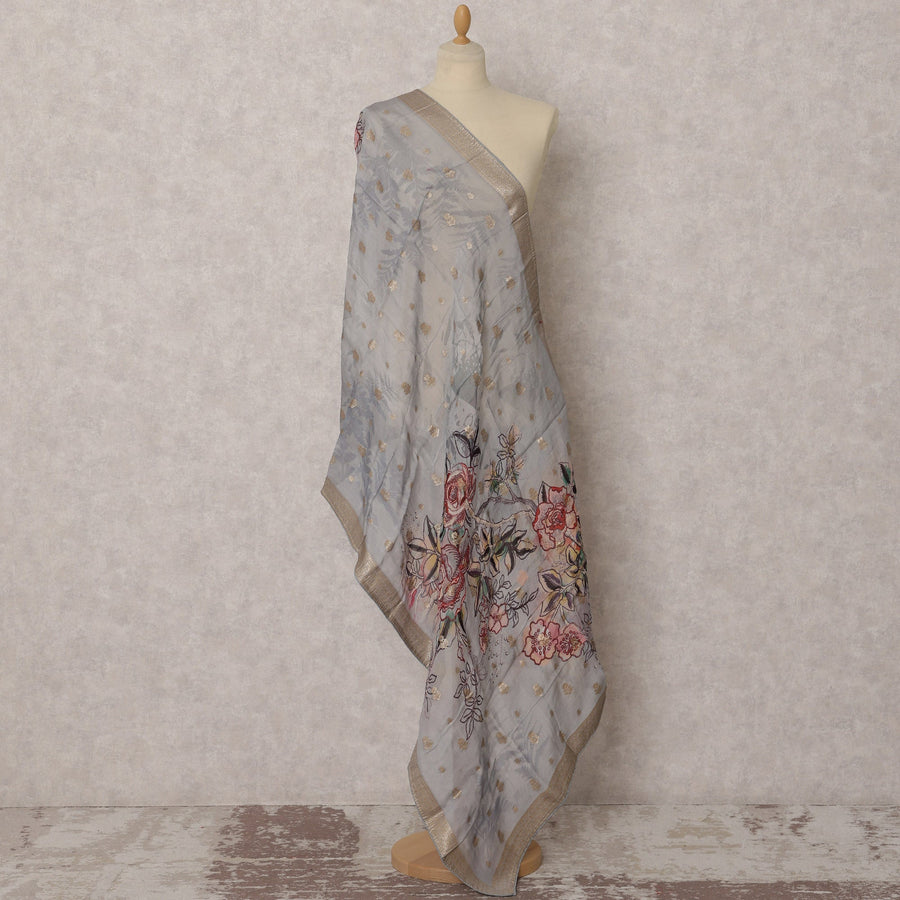 Grey & Multicolor Floral Embroidered Synthetic Brocade Dupatta, Gold Zari Border, 220X80 CMS, India-D22397