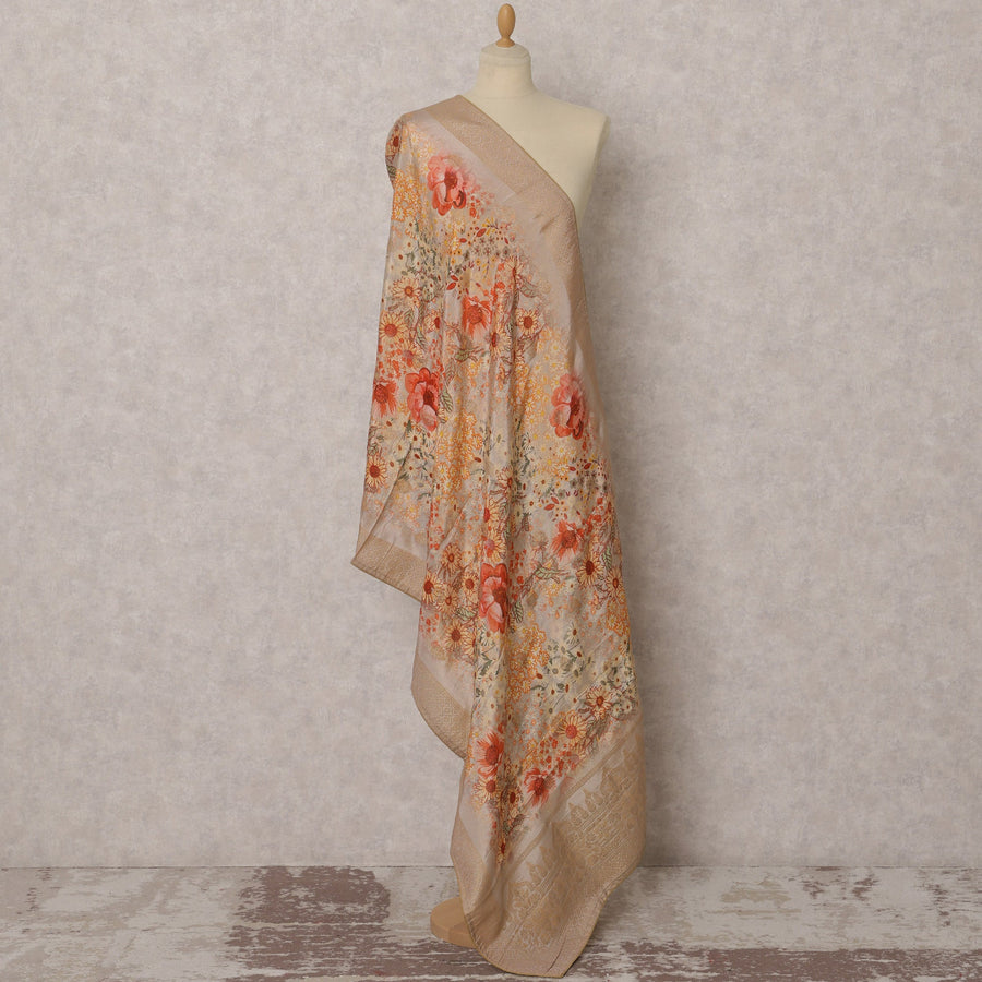 Beige Floral Print Synthetic Brocade Dupatta, Zari Woven Border, 215X80 CMS, India-D22399