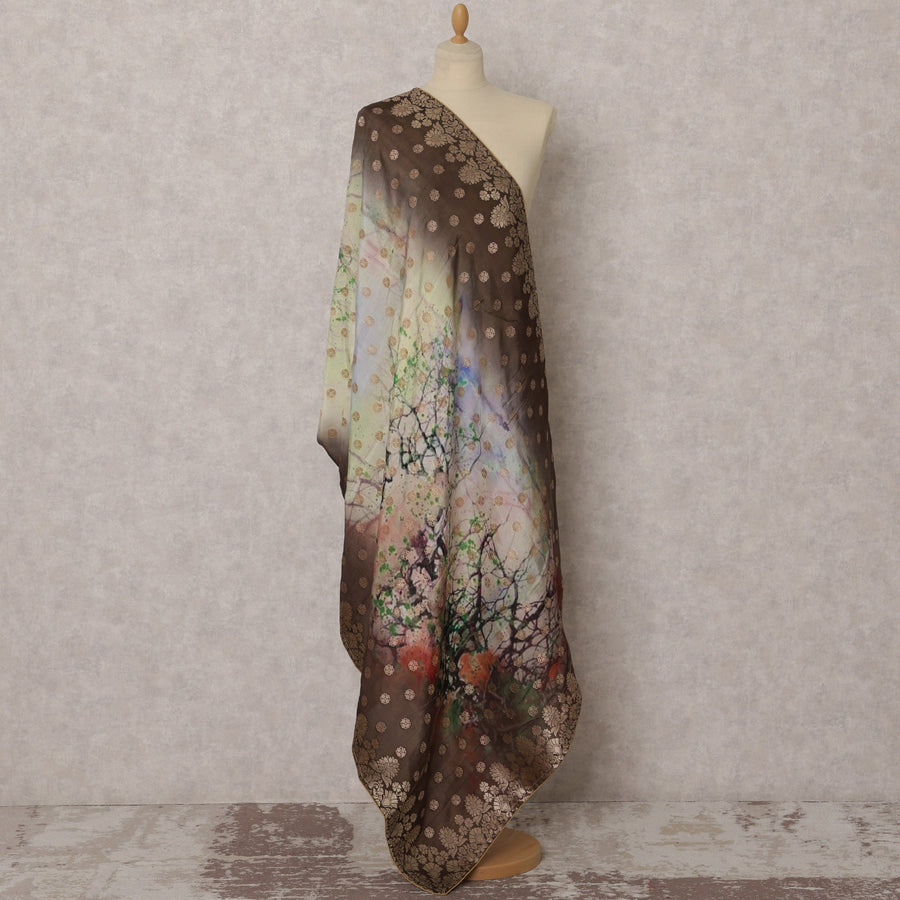 Brown Multicolor Abstract Print Synthetic Brocade Dupatta, Zari Polka Motifs, 220X95 CMS, India-D22400